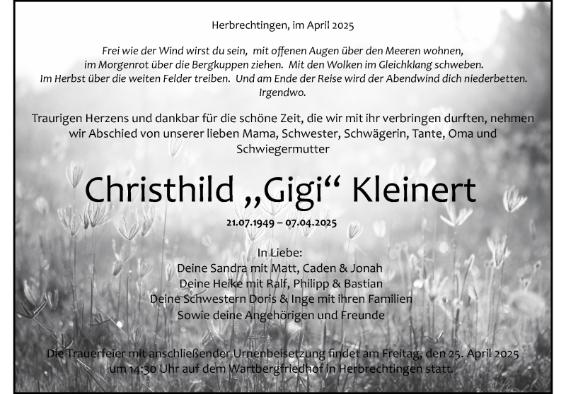  Traueranzeige für Christhild Kleinert vom 19.04.2025 aus Heidenheimer Zeitung