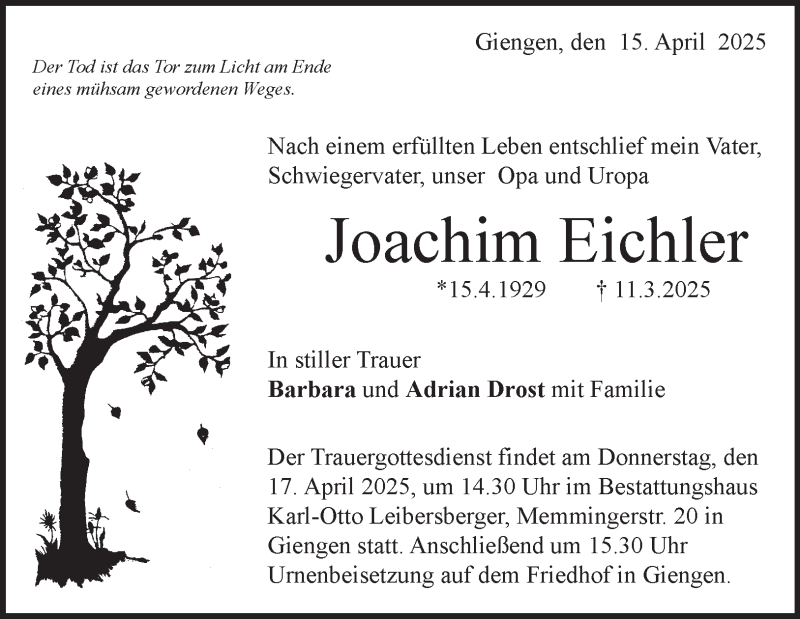  Traueranzeige für Joachim Eichler vom 15.04.2025 aus Heidenheimer Zeitung