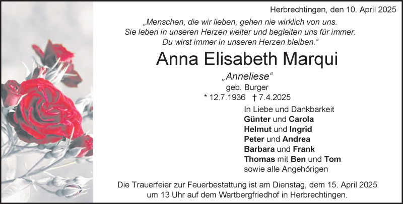  Traueranzeige für Anna Elisabeth Marqui vom 10.04.2025 aus Heidenheimer Zeitung
