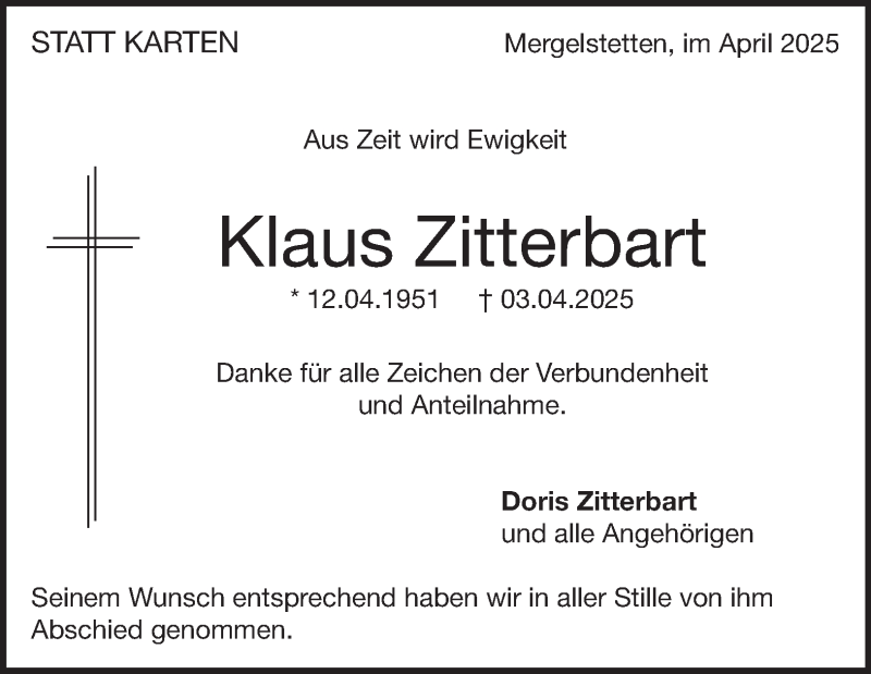  Traueranzeige für Klaus Zitterbart vom 19.04.2025 aus Heidenheimer Zeitung