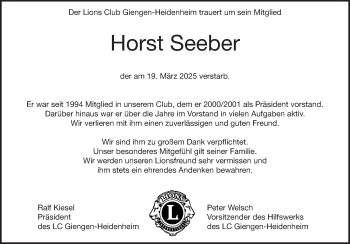 Traueranzeige von Horst Seeber von Heidenheimer Zeitung