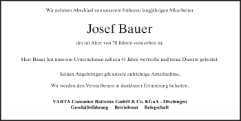 Traueranzeige von Josef Bauer von Heidenheimer Zeitung