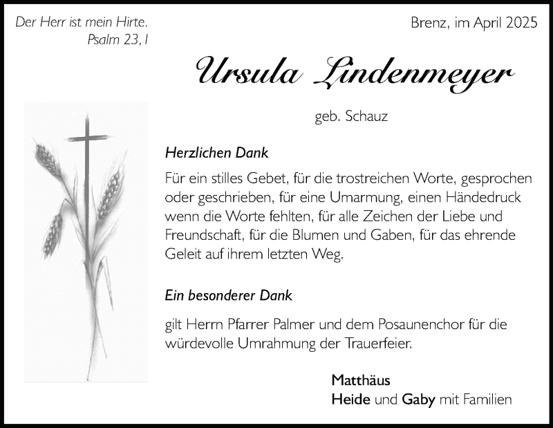  Traueranzeige für Ursula Lindenmeyer vom 12.04.2025 aus Heidenheimer Zeitung