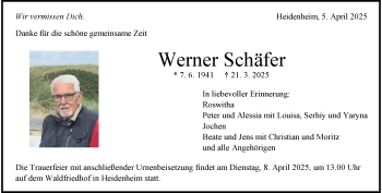 Traueranzeige von Werner Schäfer von Heidenheimer Zeitung