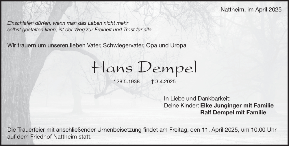  Traueranzeige für Hans Dempel vom 09.04.2025 aus 
