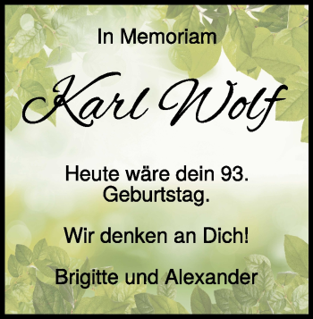 Traueranzeige von Karl Wolf von Heidenheimer Zeitung