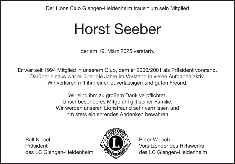  Traueranzeige für Horst Seeber vom 22.04.2025 aus Heidenheimer Zeitung