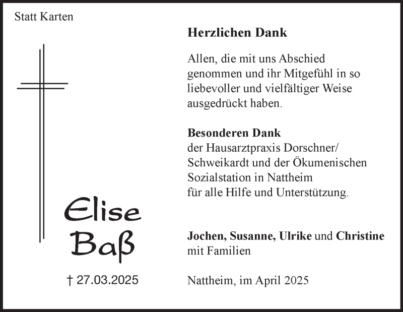  Traueranzeige für Elise Baß vom 25.04.2025 aus Heidenheimer Zeitung