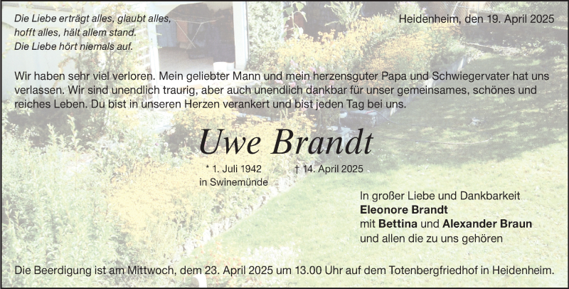  Traueranzeige für Uwe Brandt vom 19.04.2025 aus Heidenheimer Zeitung