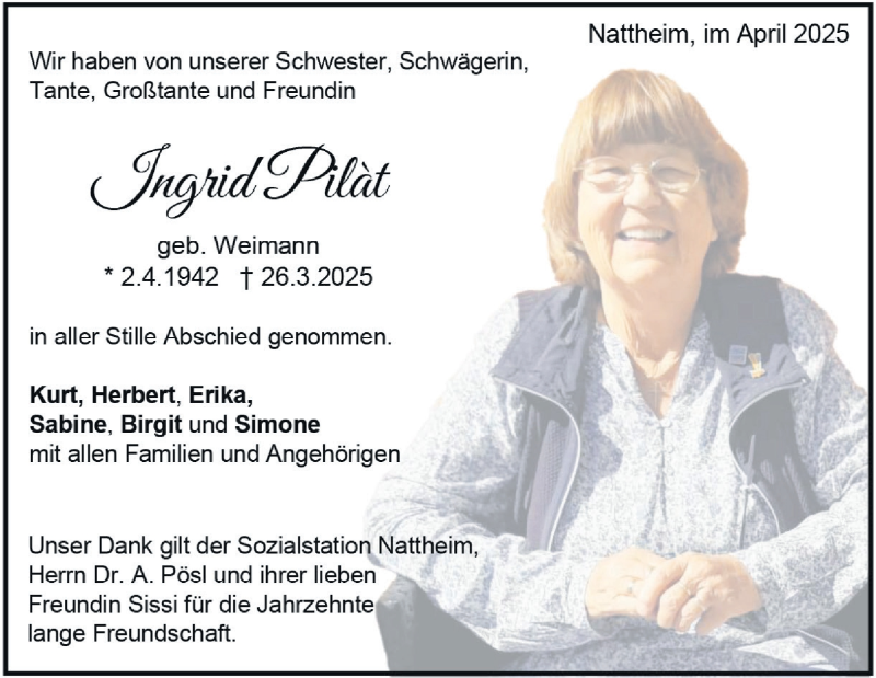  Traueranzeige für Ingrid Plat vom 12.04.2025 aus Heidenheimer Zeitung