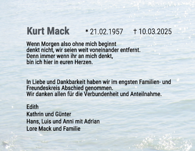  Traueranzeige für Kurt Mack vom 04.04.2025 aus Heidenheimer Zeitung