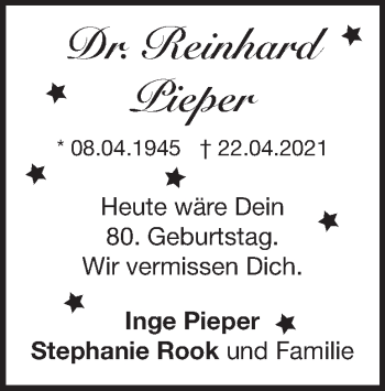 Traueranzeige von Reinhard Pieper von Heidenheimer Zeitung