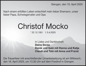 Traueranzeige von Christof Mocko von Heidenheimer Zeitung
