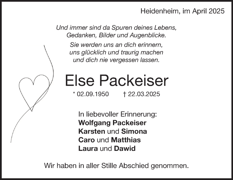  Traueranzeige für Else Packeiser vom 05.04.2025 aus Heidenheimer Zeitung