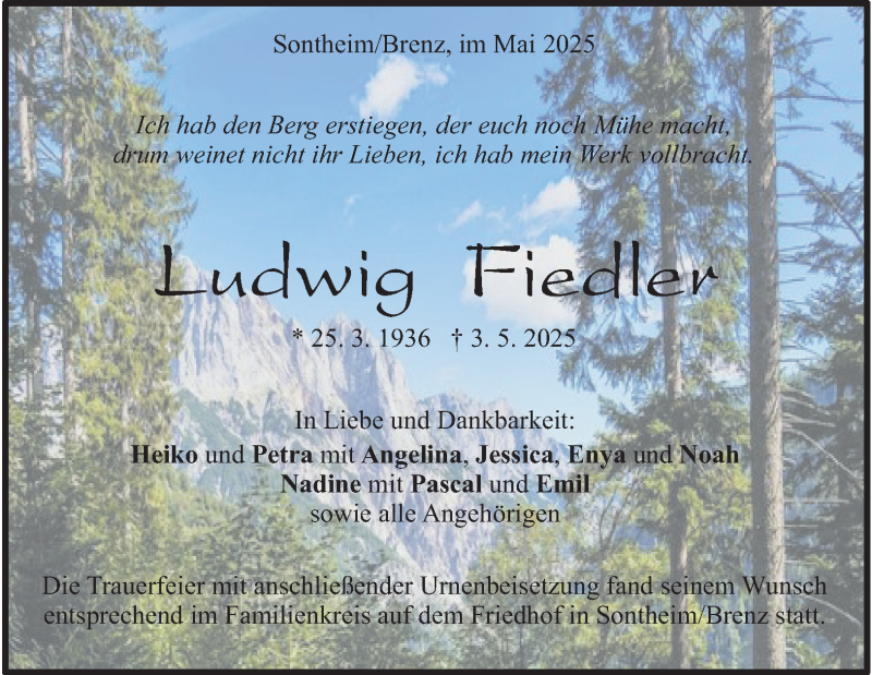  Traueranzeige für Ludwig Fiedler vom 24.05.2025 aus Heidenheimer Zeitung