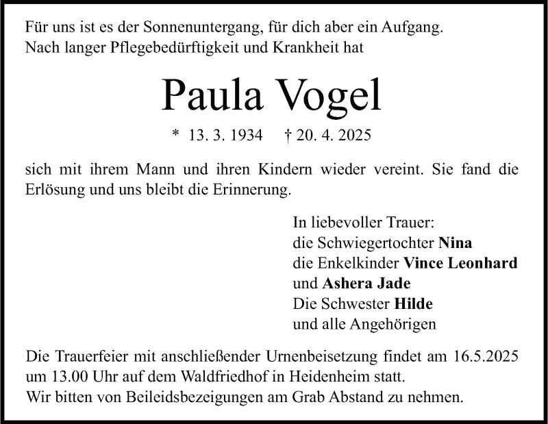  Traueranzeige für Paula Vogel vom 09.05.2025 aus Heidenheimer Zeitung