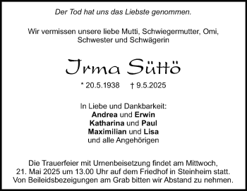 Traueranzeige von Irma Süttö von Heidenheimer Zeitung
