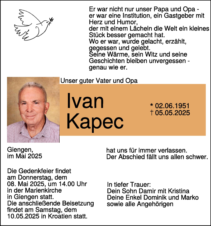  Traueranzeige für Ivan Kapec vom 07.05.2025 aus Heidenheimer Zeitung