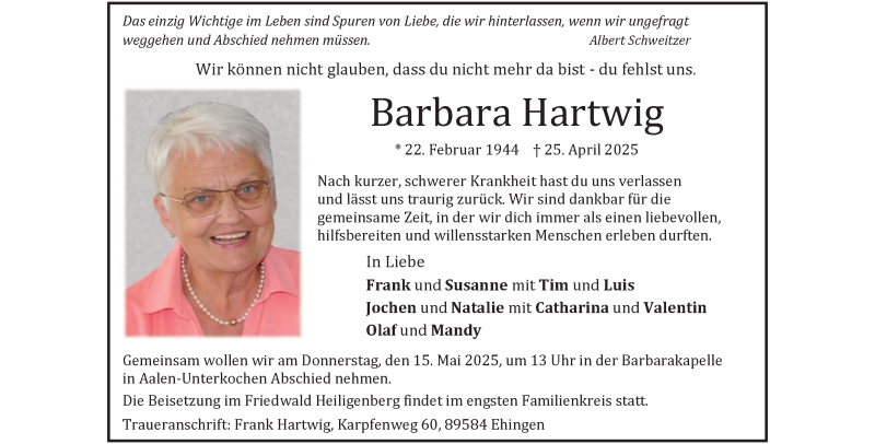  Traueranzeige für Barbara Hartwig vom 10.05.2025 aus Heidenheimer Zeitung