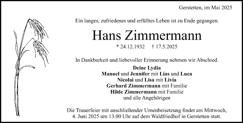  Traueranzeige für Hans Zimmermann vom 31.05.2025 aus Heidenheimer Zeitung