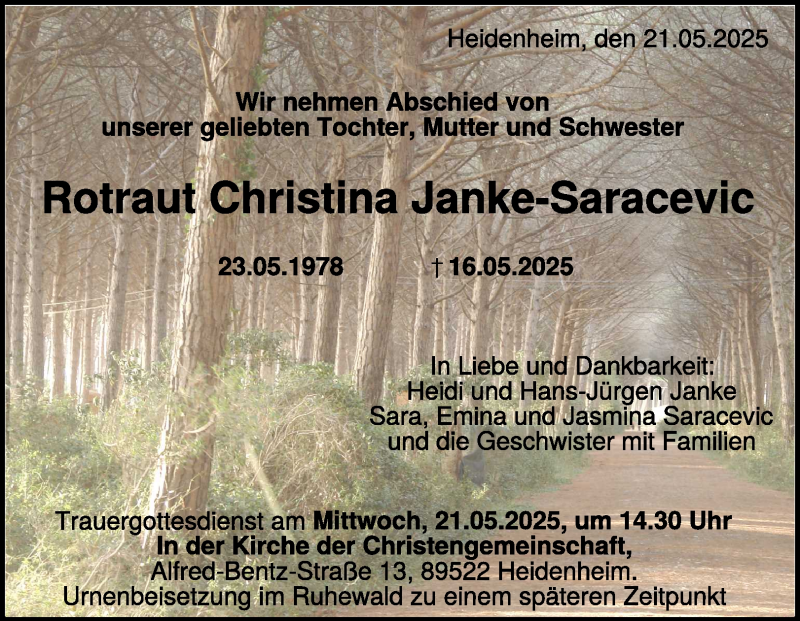  Traueranzeige für Rotraut Christina Janke-Saracevic vom 21.05.2025 aus Heidenheimer Zeitung