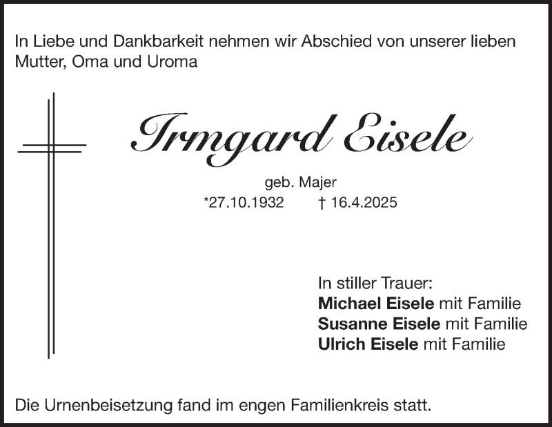  Traueranzeige für Irmgard Eisele vom 08.05.2025 aus Heidenheimer Zeitung