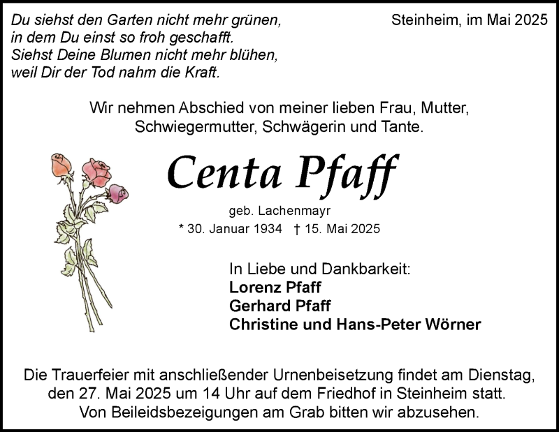  Traueranzeige für Centa Pfaff vom 21.05.2025 aus Heidenheimer Zeitung