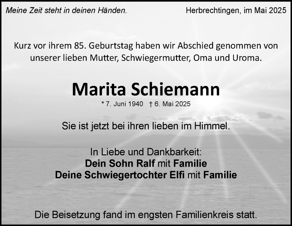  Traueranzeige für Marita Schiemann vom 19.05.2025 aus 