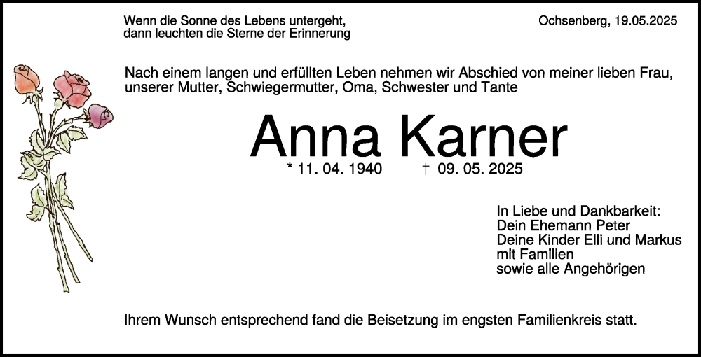  Traueranzeige für Anna Karner vom 19.05.2025 aus 