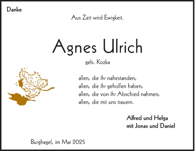  Traueranzeige für Agnes Ulrich vom 09.05.2025 aus Heidenheimer Zeitung