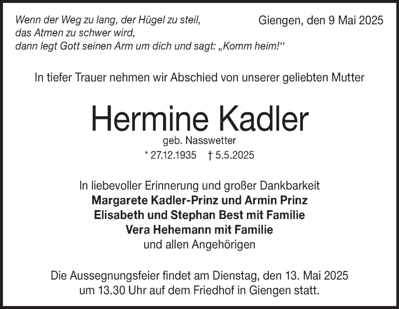  Traueranzeige für Hermine Kadler vom 09.05.2025 aus Heidenheimer Zeitung
