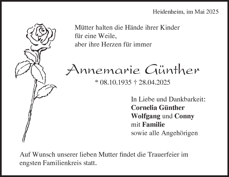  Traueranzeige für Annemarie Günther vom 13.05.2025 aus Heidenheimer Zeitung