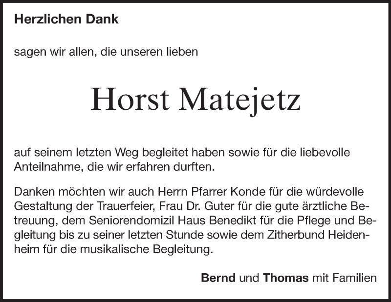  Traueranzeige für Horst Matejetz vom 15.05.2025 aus Heidenheimer Zeitung