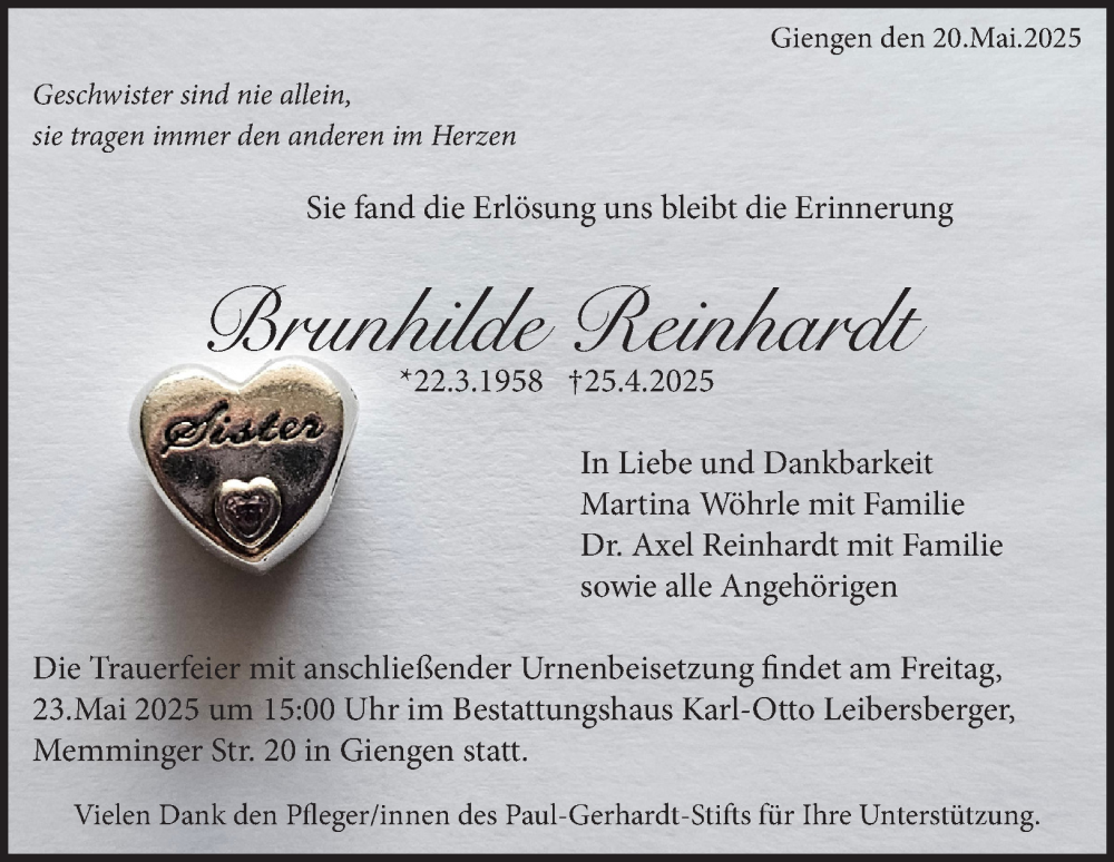  Traueranzeige für Brunhilde Reinhardt vom 20.05.2025 aus 