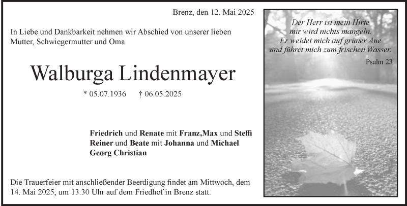  Traueranzeige für Walburga Lindenmayer vom 12.05.2025 aus Heidenheimer Zeitung