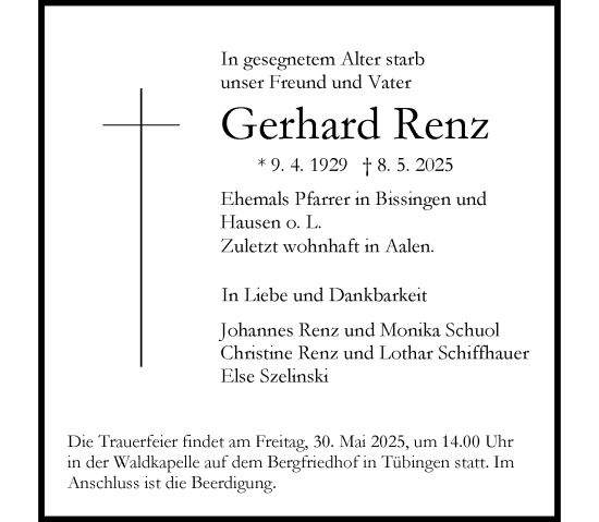 Traueranzeige von Gerhard Renz 