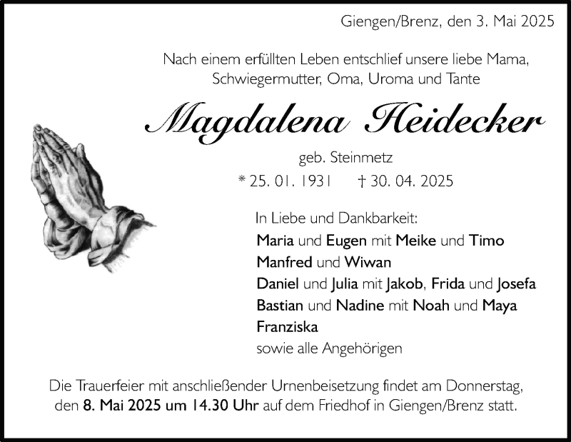  Traueranzeige für Magdalena Heidecker vom 03.05.2025 aus Heidenheimer Zeitung