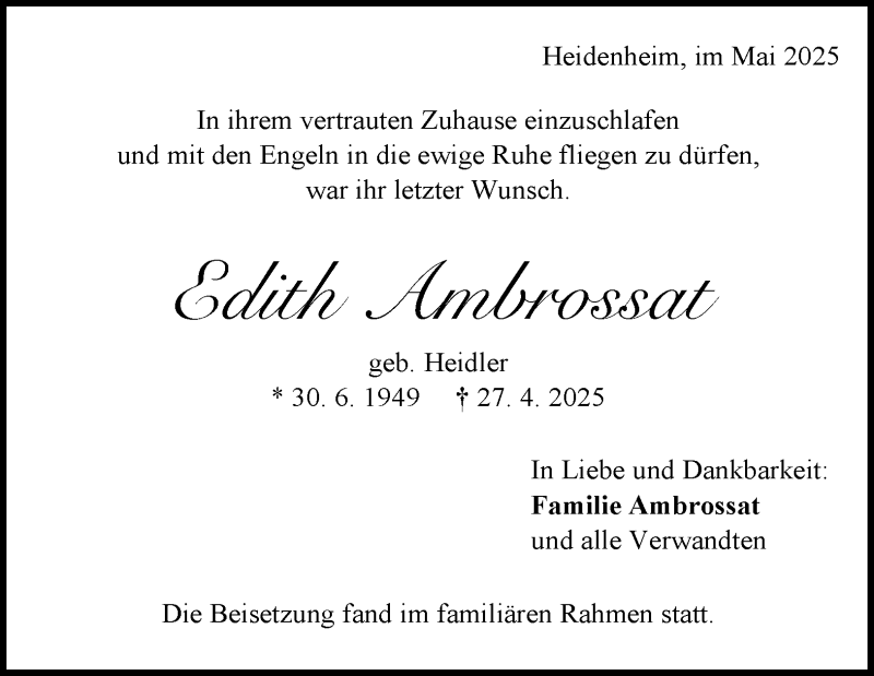  Traueranzeige für Edith Ambrossat vom 15.05.2025 aus Heidenheimer Zeitung