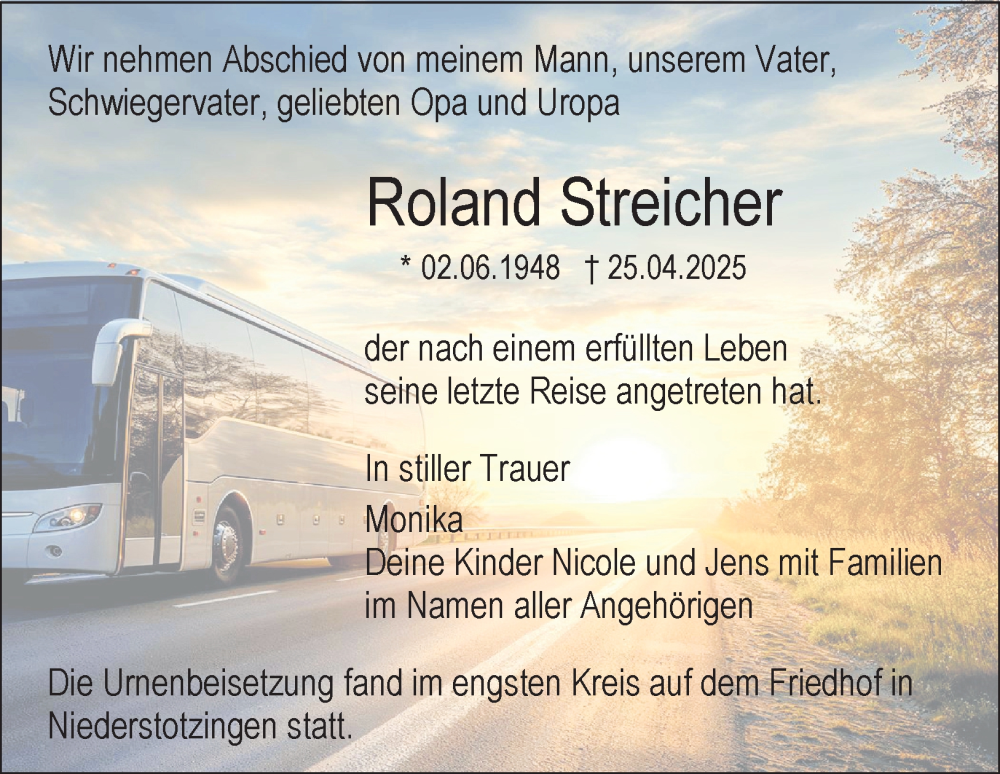  Traueranzeige für Roland Streicher vom 19.05.2025 aus 