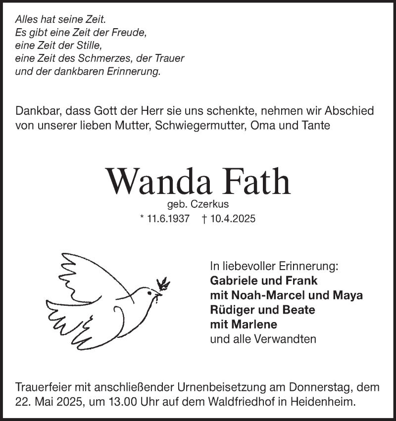  Traueranzeige für Wanda Fath vom 15.05.2025 aus Heidenheimer Zeitung