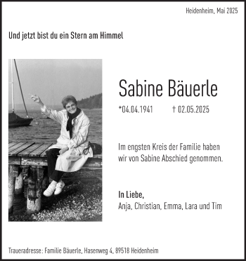 Traueranzeige von Sabine Bäuerle von Heidenheimer Zeitung