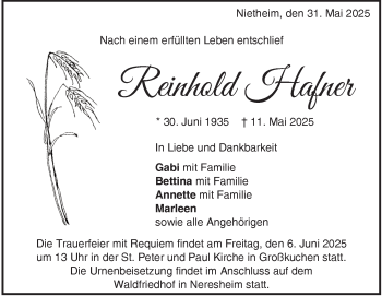Traueranzeige von Reinhold Hafner von Heidenheimer Zeitung