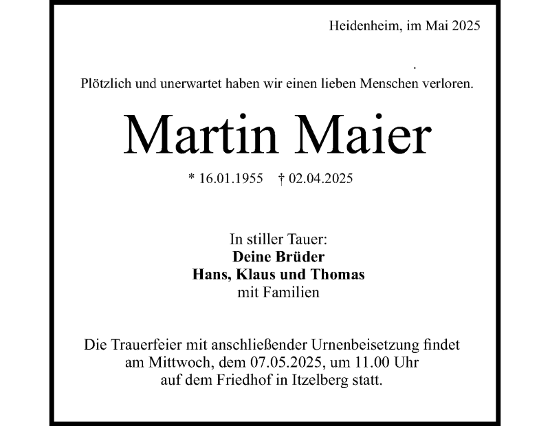  Traueranzeige für Martin Maier vom 02.05.2025 aus Heidenheimer Zeitung