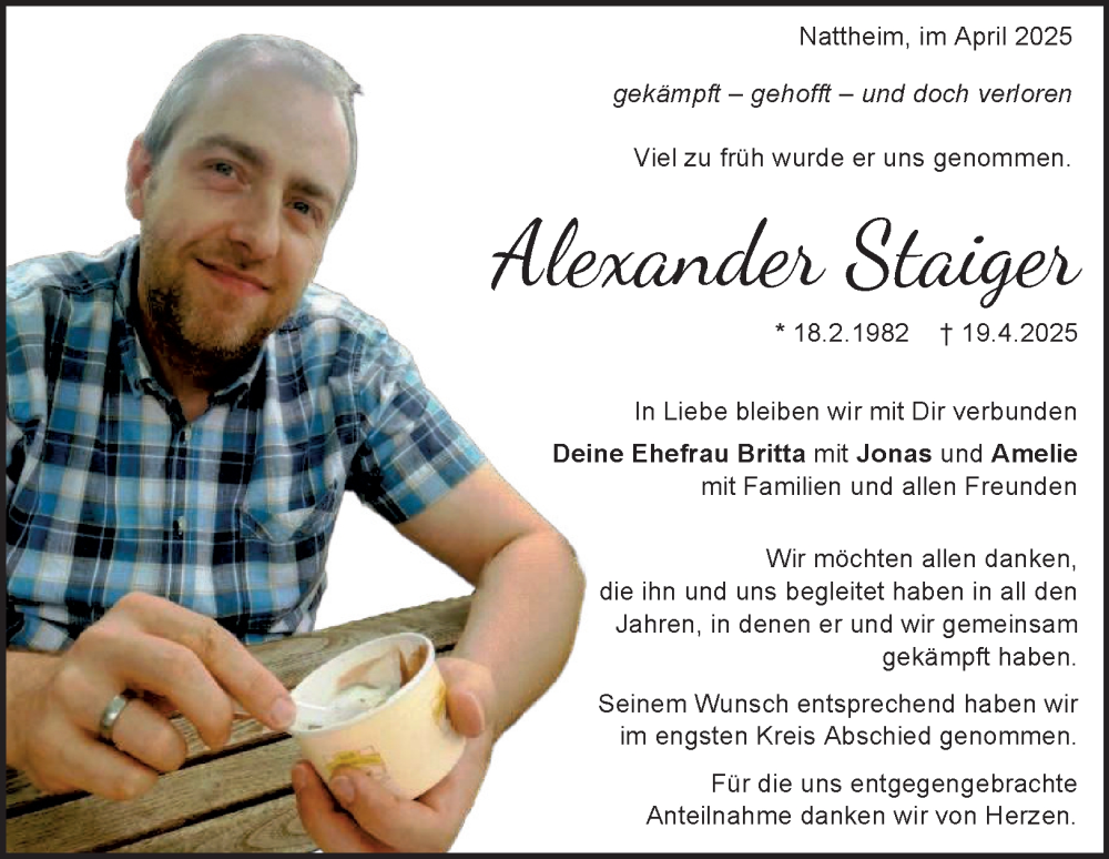  Traueranzeige für Alexander Staiger vom 15.05.2025 aus 
