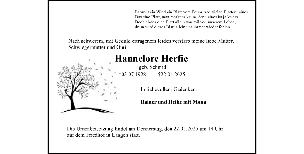  Traueranzeige für Hannelore Herfie vom 19.05.2025 aus 