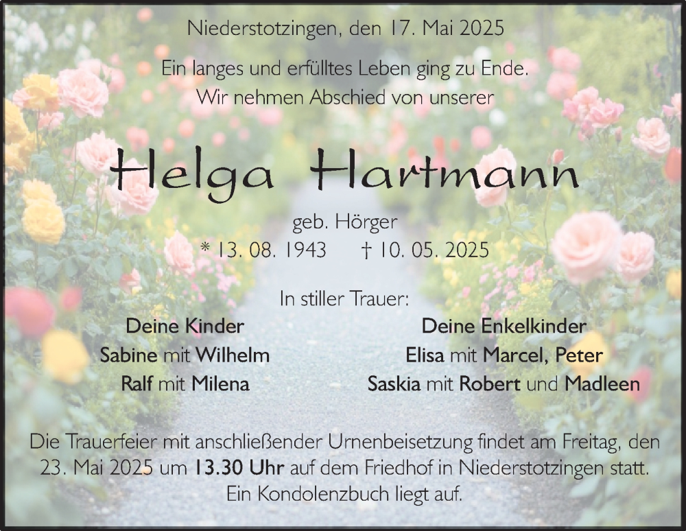  Traueranzeige für Helga Hartmann vom 19.05.2025 aus 