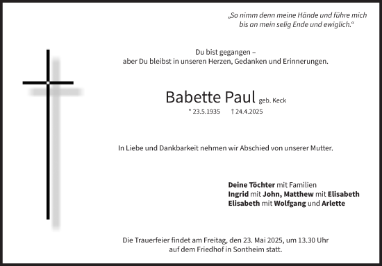 Traueranzeige von Babette Paul 