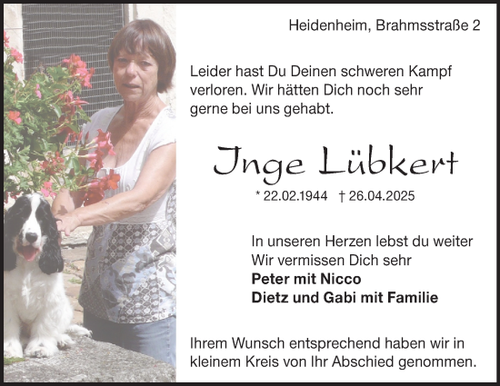Traueranzeige von Inge Lübkert 