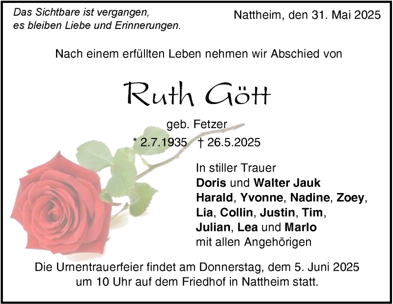  Traueranzeige für Ruth Gött vom 31.05.2025 aus Heidenheimer Zeitung