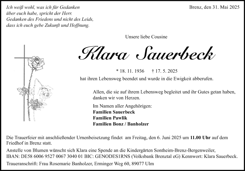  Traueranzeige für Klara Sauerbeck vom 31.05.2025 aus Heidenheimer Zeitung